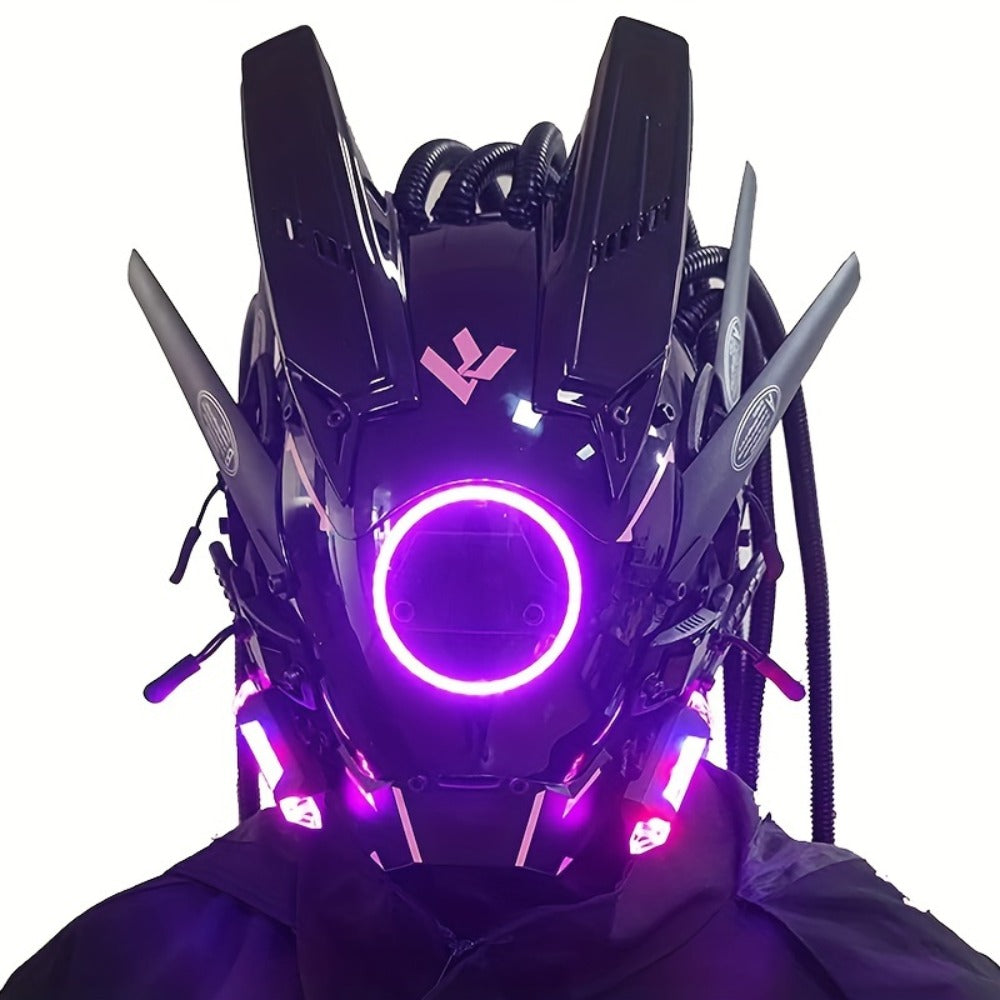 LED Braided Cyberpunk Costume Helmet with Circular Face Light and Blue, Green or Pink Accent Styles