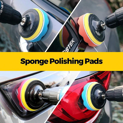 Twenty-Piece Drill Brush and Buffing Pad Kit with Scrub Heads, Sponges and Extension Rod in Yellow