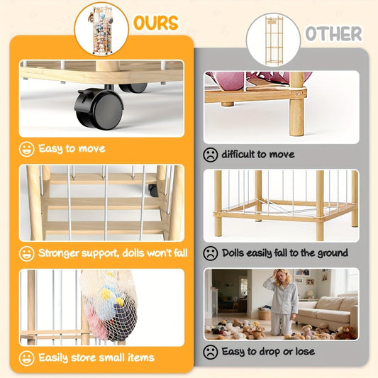 Stuffed Animal Storage Organizer with Pine Wood Frame, Wheels and 2 or 3 Tiers for Nursery or Playroom