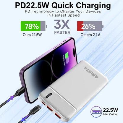 Power Bank 10000mAh Slim with 22.5W PD, 20W USB-C Input/Output and Dual USB-A Ports in Black or White