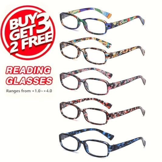 Reading Glasses 5-Pack Square Multicolor Printed Frames with HD Lens Label & 1.0x to 4.0x Options