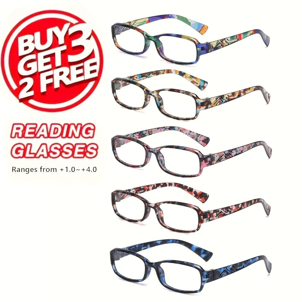 Reading Glasses 5-Pack Square Multicolor Printed Frames with HD Lens Label & 1.0x to 4.0x Options