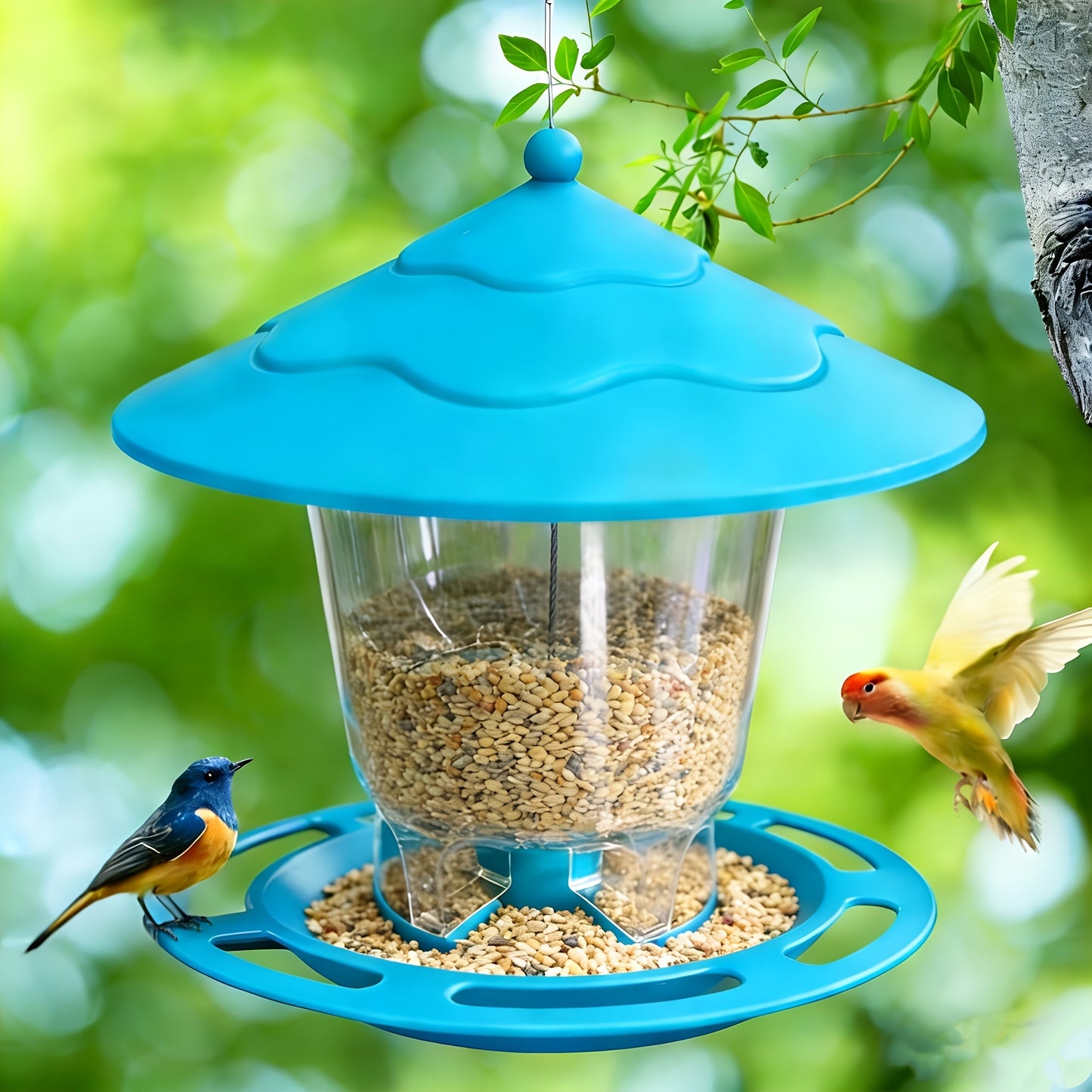 Hanging Bird Feeder with Tiered Roof, Clear Seed Chamber and Brown, Grey or Green Finish Options