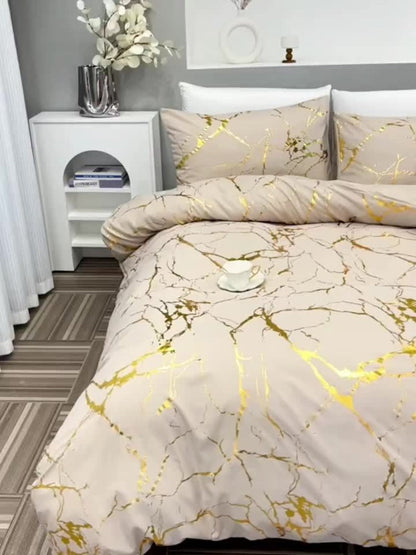 3-Piece Duvet Cover Set with Bronzed-Look Marble Vein Print in White, Khaki or Black and Four Sizes