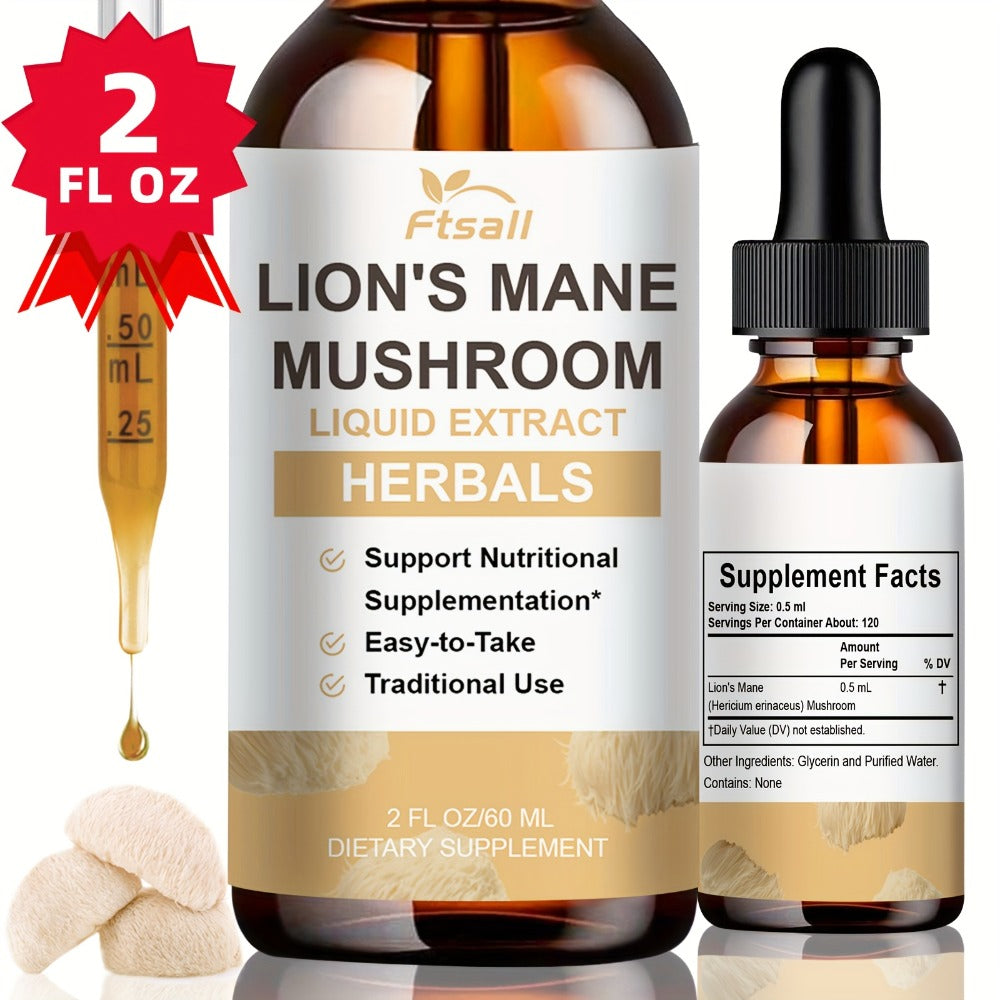 Lion's Mane Mushroom Liquid Drops 2fl oz Natural Herbal Extract for Brain Support, Focus, Memory & Cognitive Clarity for Men & Women
