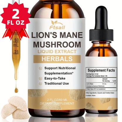 Lion's Mane Mushroom Liquid Drops 2fl oz Natural Herbal Extract for Brain Support, Focus, Memory & Cognitive Clarity for Men & Women