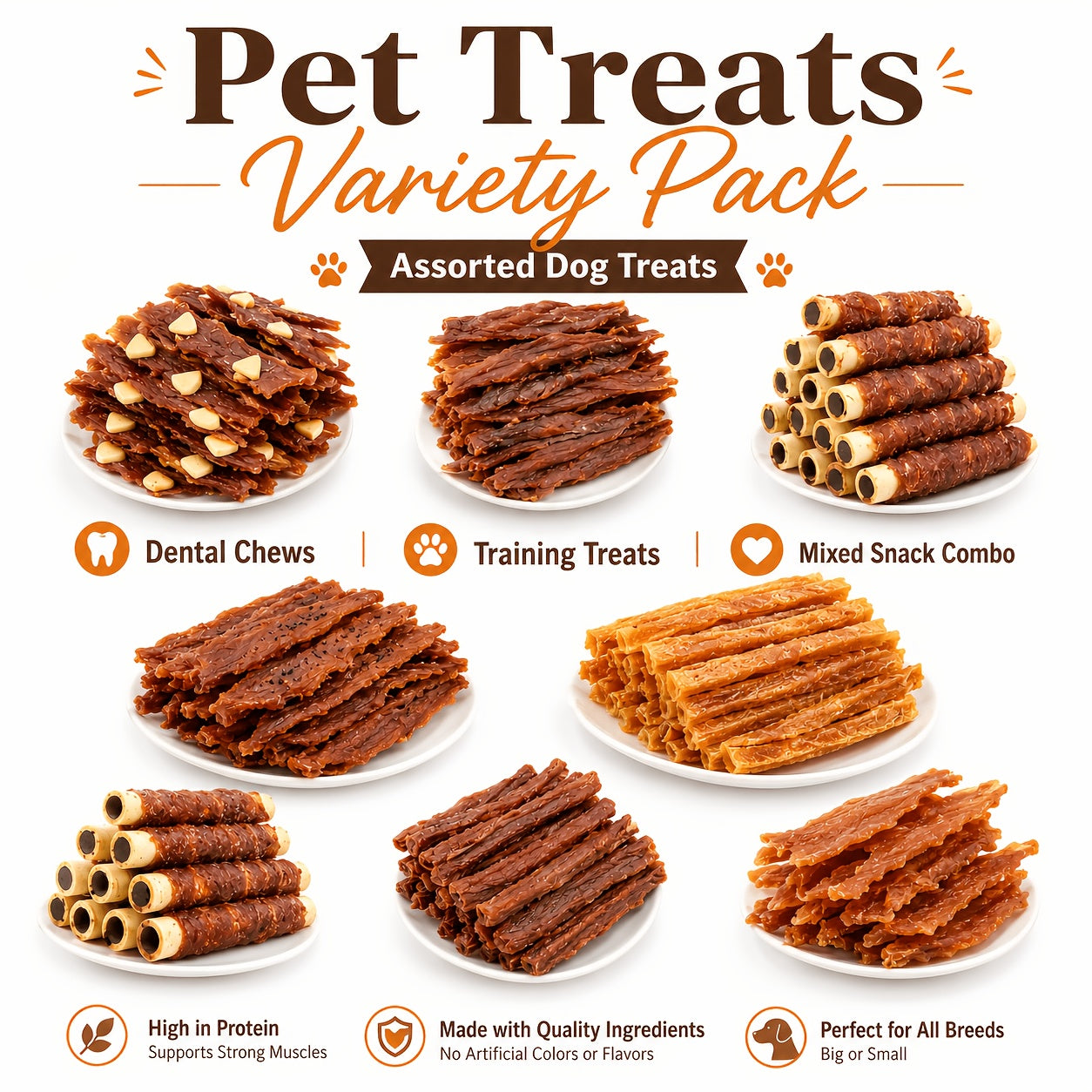 Dog Treats Duck Jerky, Chicken Pieces and Beef Sausage Assortment with Four Retained Flavor Options