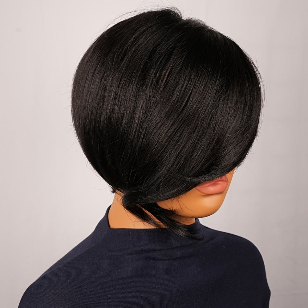 Layered Pixie Human Hair Wig with Side Bangs in #4 Brown, #99J Burgundy or #1 Black Color Options