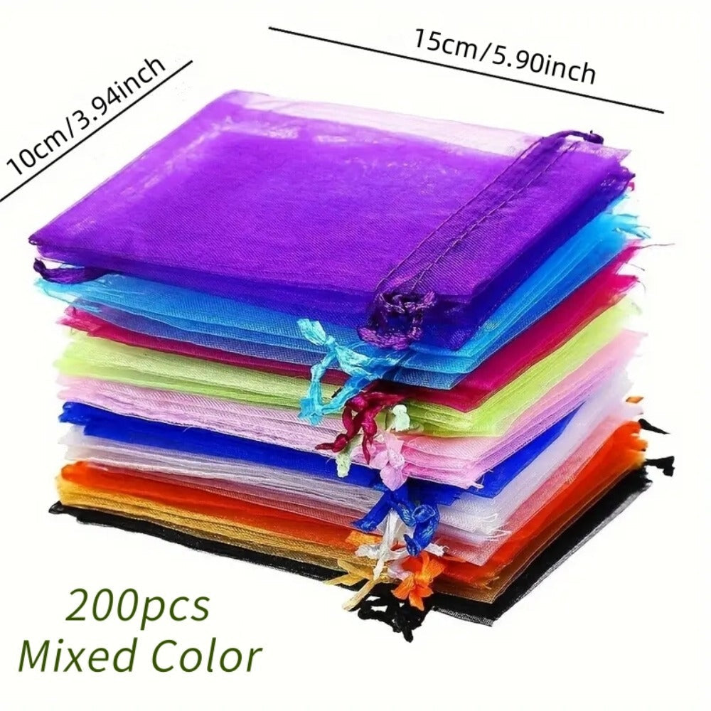 Organza Drawstring Gift Bags, 200-Piece Mixed-Color Set in 2.76 x 3.54 or 3.94 x 5.90 Inch Sizes for Favors and Jewelry
