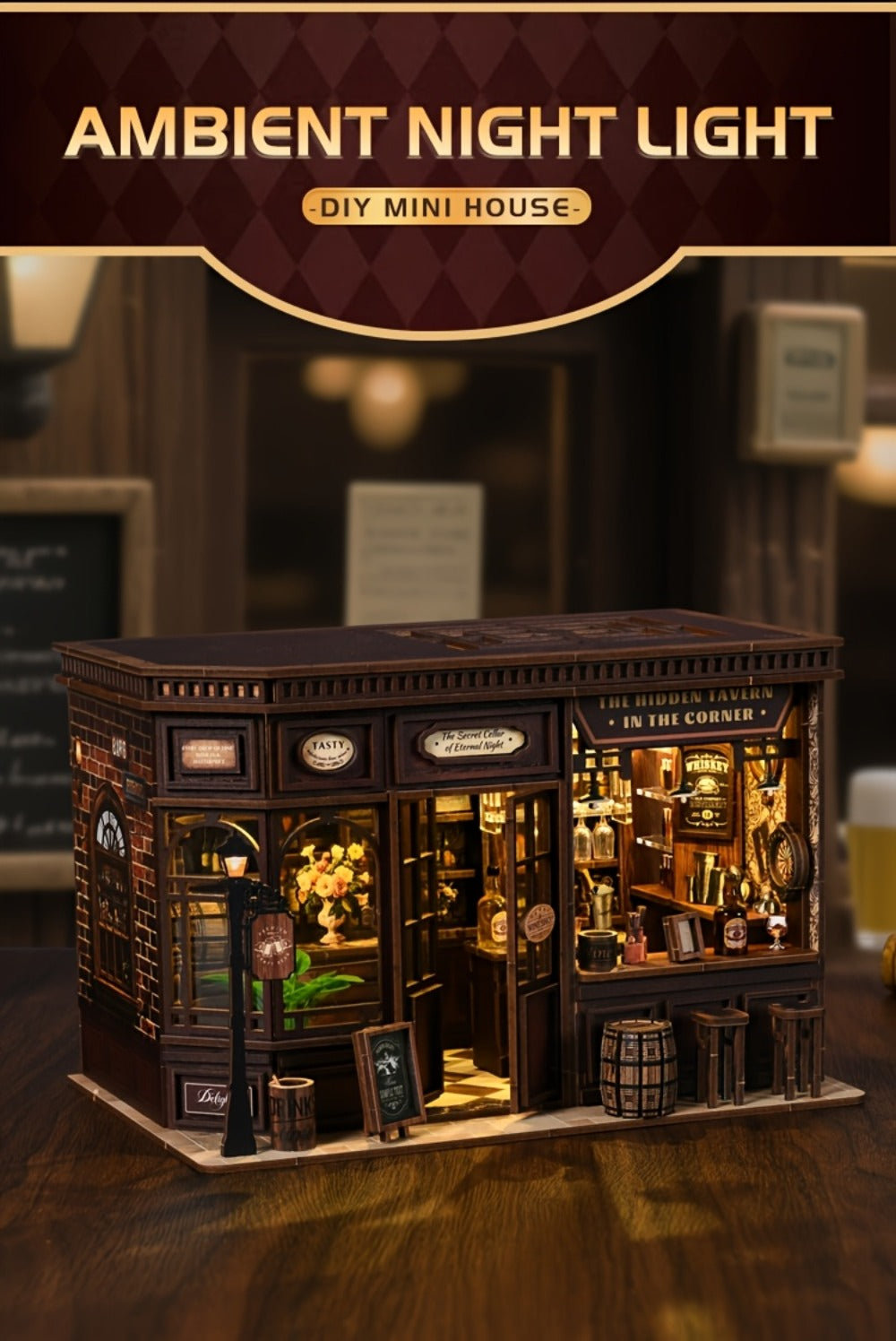 Corner Lounge Book Nook Kit with 327-Piece Tavern Storefront Scene, Illuminated Interior and Touch Switch