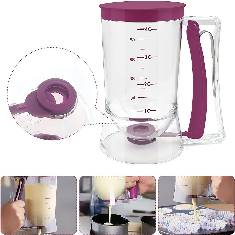 Handheld Pancake Batter Dispenser with Graduated Cup, Bottom Valve and White Cleaning Brush