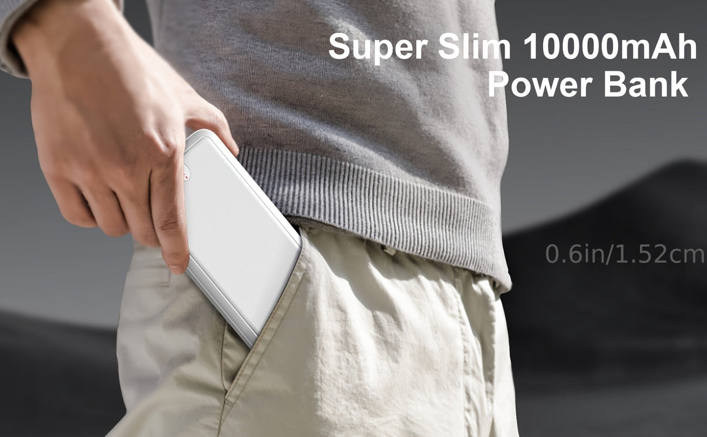10000mAh Slim Power Bank with 5V/2A Marking, Dual USB-A Outputs and Black or White Color Options