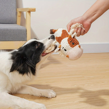 Dog Toy Cow Plush with Squeaker, Crinkle Paper, Woven Legs and Washable Construction for Multiple Dog Sizes