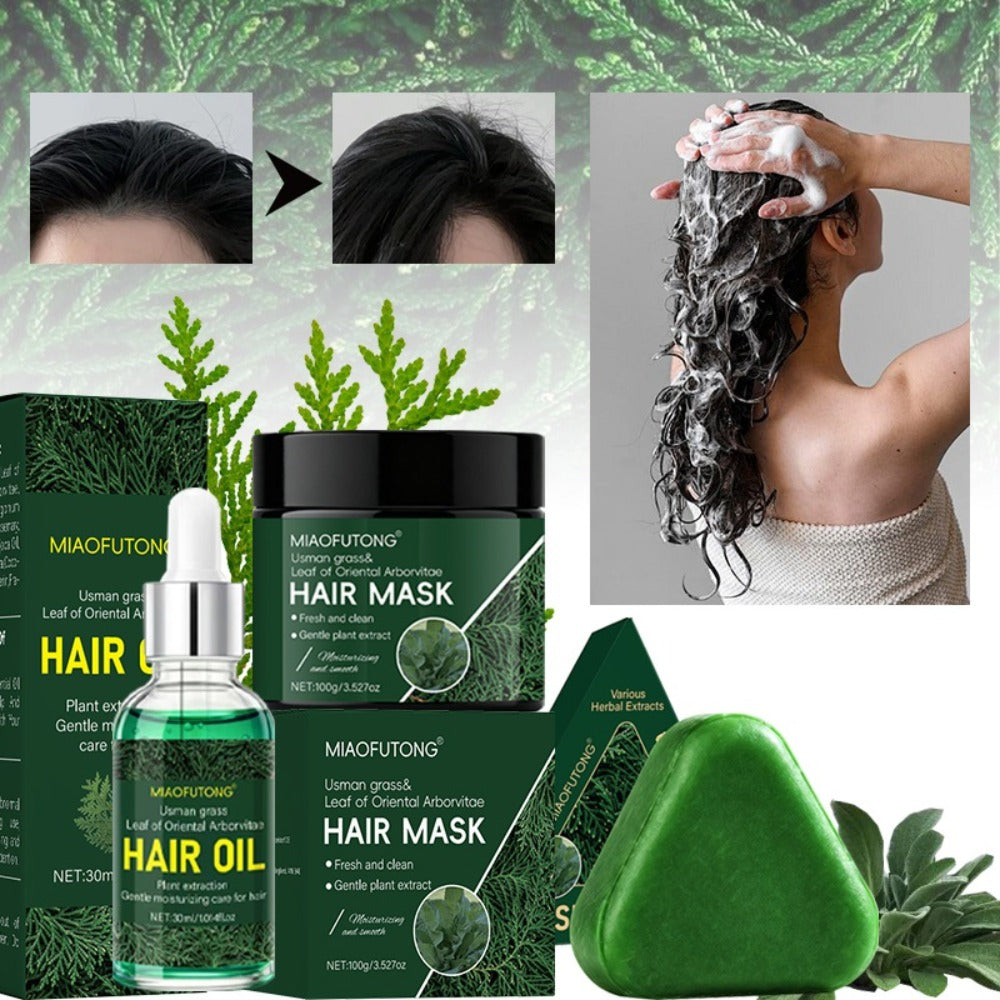 Three-Piece Usman Grass Hair Care Kit with 120g Triangular Shampoo Bar, Oil and Mask Formats