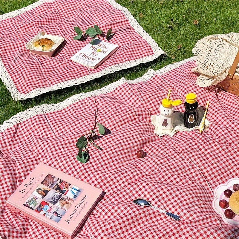 Tablecloth in Red Gingham Plaid with White Lace Edge for Picnic, Camping and Photo Backdrop Use