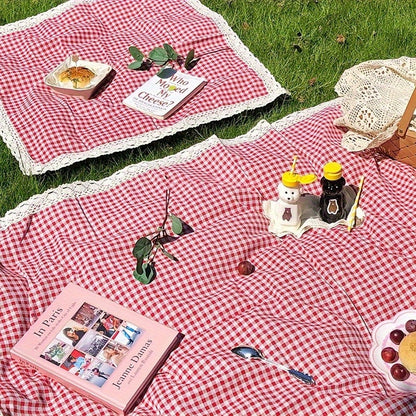 Tablecloth in Red Gingham Plaid with White Lace Edge for Picnic, Camping and Photo Backdrop Use