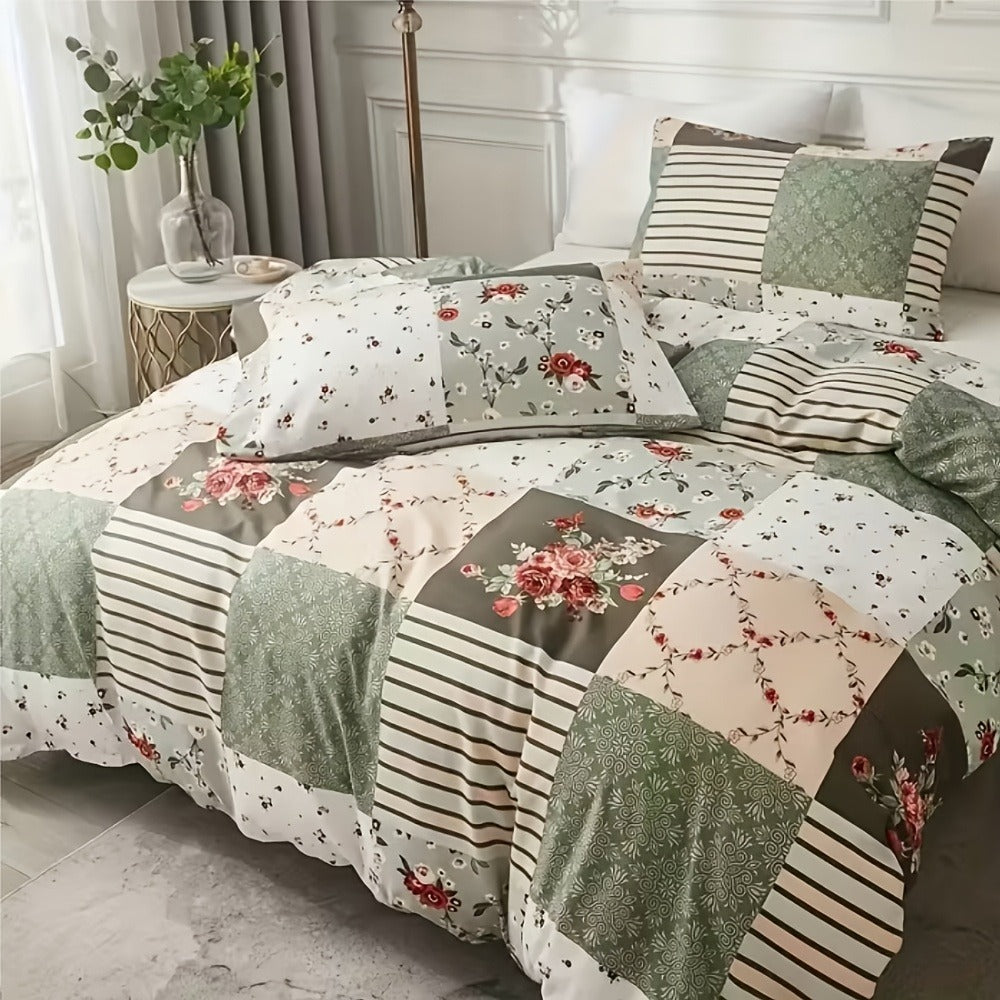 3-Piece Duvet Cover Set with Floral Patchwork Print in Blue, Green or Pink and Four Size Options