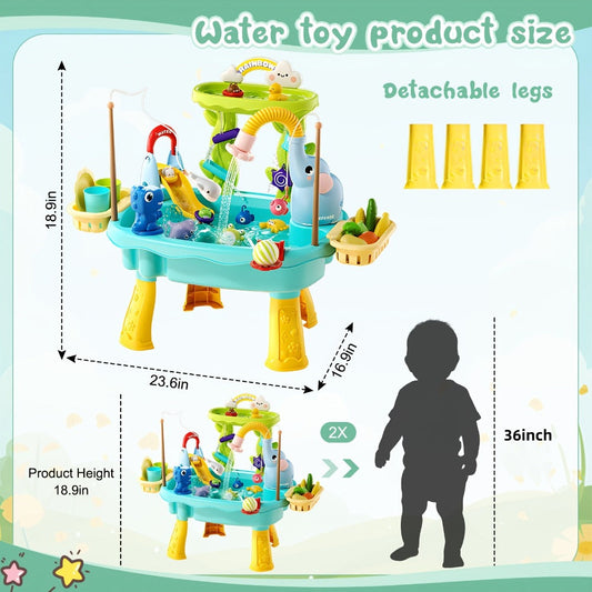 Kids Water Table Toy with Electric Pump & Faucet for Toddlers - Play Sink with Food Accessories & Fishing Toy, Sensory STEM Kitchen Water Play for Boys Girls Ages 3 4 5, Birthday Gift