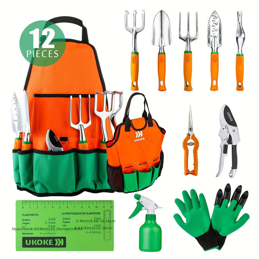 Garden Tool Set 12 Piece Aluminum Hand Tools Kit with Canvas Apron Storage Pocket Ergonomic Handle Heavy Duty Gardening Tools for Women Men Outdoor