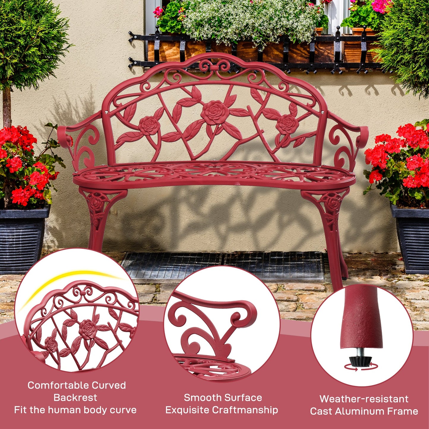 Floral Metal Outdoor Bench with 38.5in Rose-Pattern Seat and Back, Curved Arms and Four Color Options