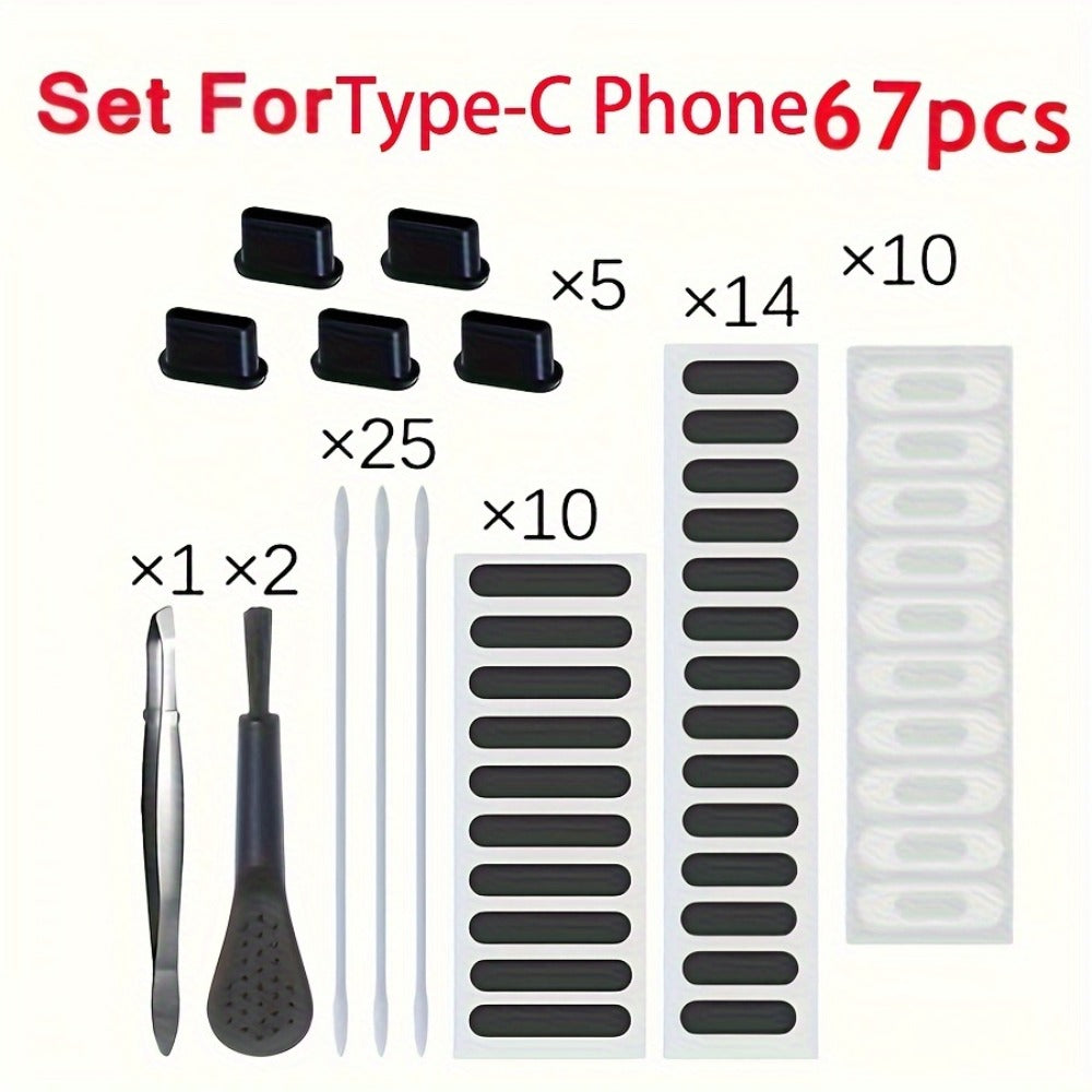 Phone Dust Plug Kit 67PCS – Type-C & Lightning Port Protectors, Speaker Dust Mesh Stickers, Cleaning Brush Set, Anti-Dust Caps for iPhone & Android Smartphones