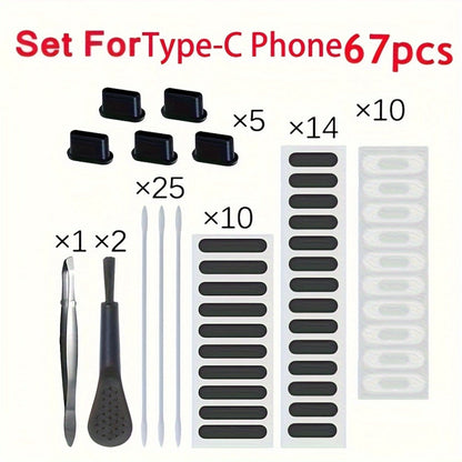 Phone Dust Plug Kit 67PCS – Type-C & Lightning Port Protectors, Speaker Dust Mesh Stickers, Cleaning Brush Set, Anti-Dust Caps for iPhone & Android Smartphones