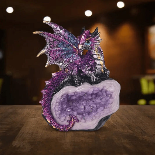 Dragon Figurine Statue Guarding Crystal Cave Polyresin Collectible Home Decor Sculpture Fantasy Dragon Gift for Birthday Housewarming Holiday Room Office Shelf Decor