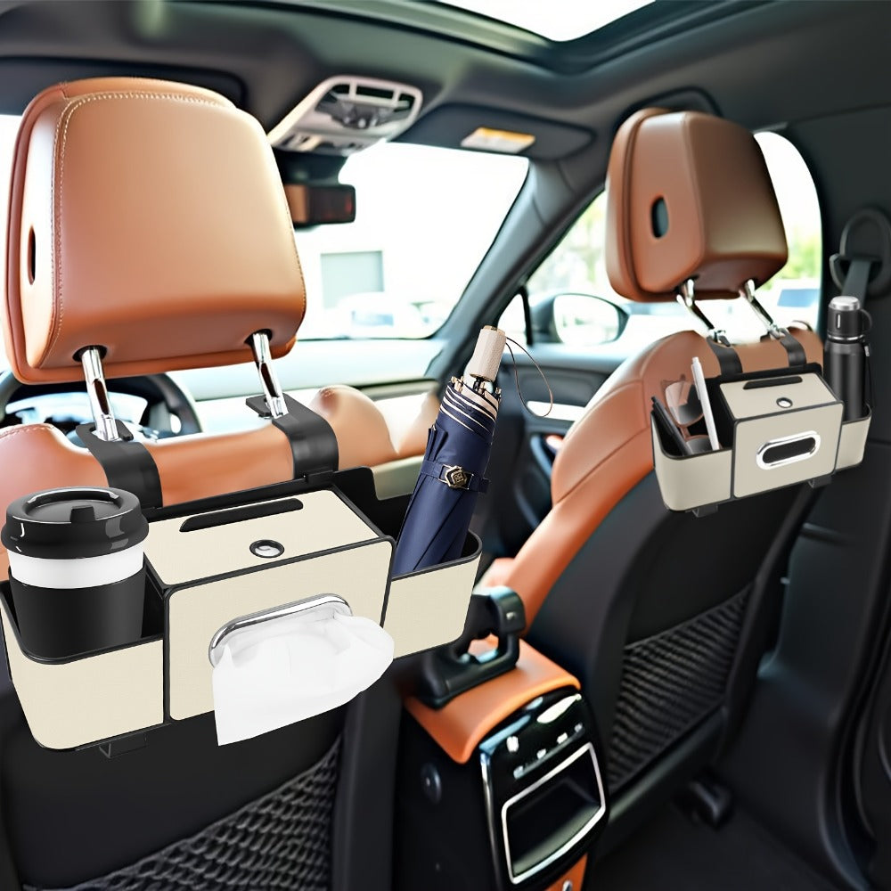 Car Backseat Organizer with Dual Cup Holders, Tissue Box & Hooks – Multi-Function Back Seat Storage for SUV, Sedan & Minivan | Brown, Orange, Black, Cream