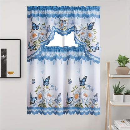Blackout Kitchen Curtains 3-Piece Set with Butterfly Floral Print - Rod Pocket Window Curtains for Kitchen, Living Room, Bedroom, Bathroom & Restaurant, Polyester Fabric, Machine Washable