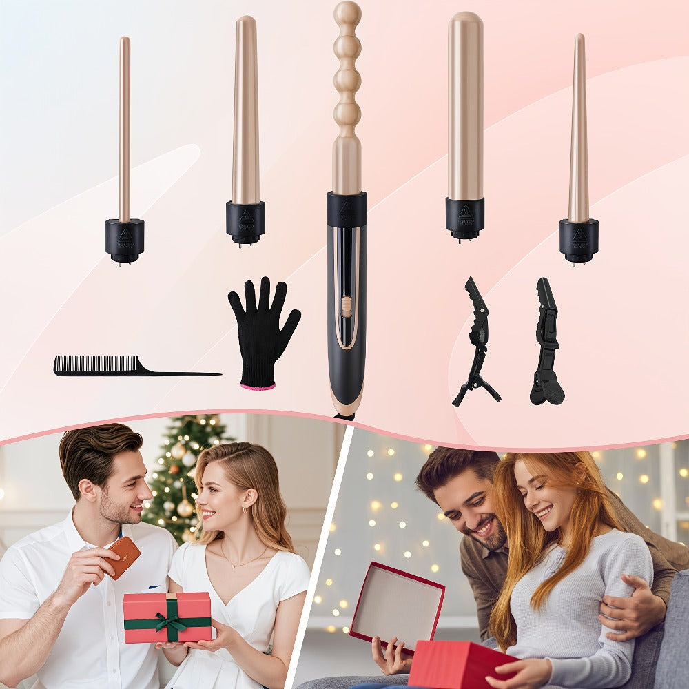 5-in-1 Curling Wand Set Ceramic Interchangeable Barrels 0.4-1.25 Inch - 30s Fast Heat Dual Voltage Auto Shut-Off Hair Curler Iron with Heat Glove for Women Long Short Hair