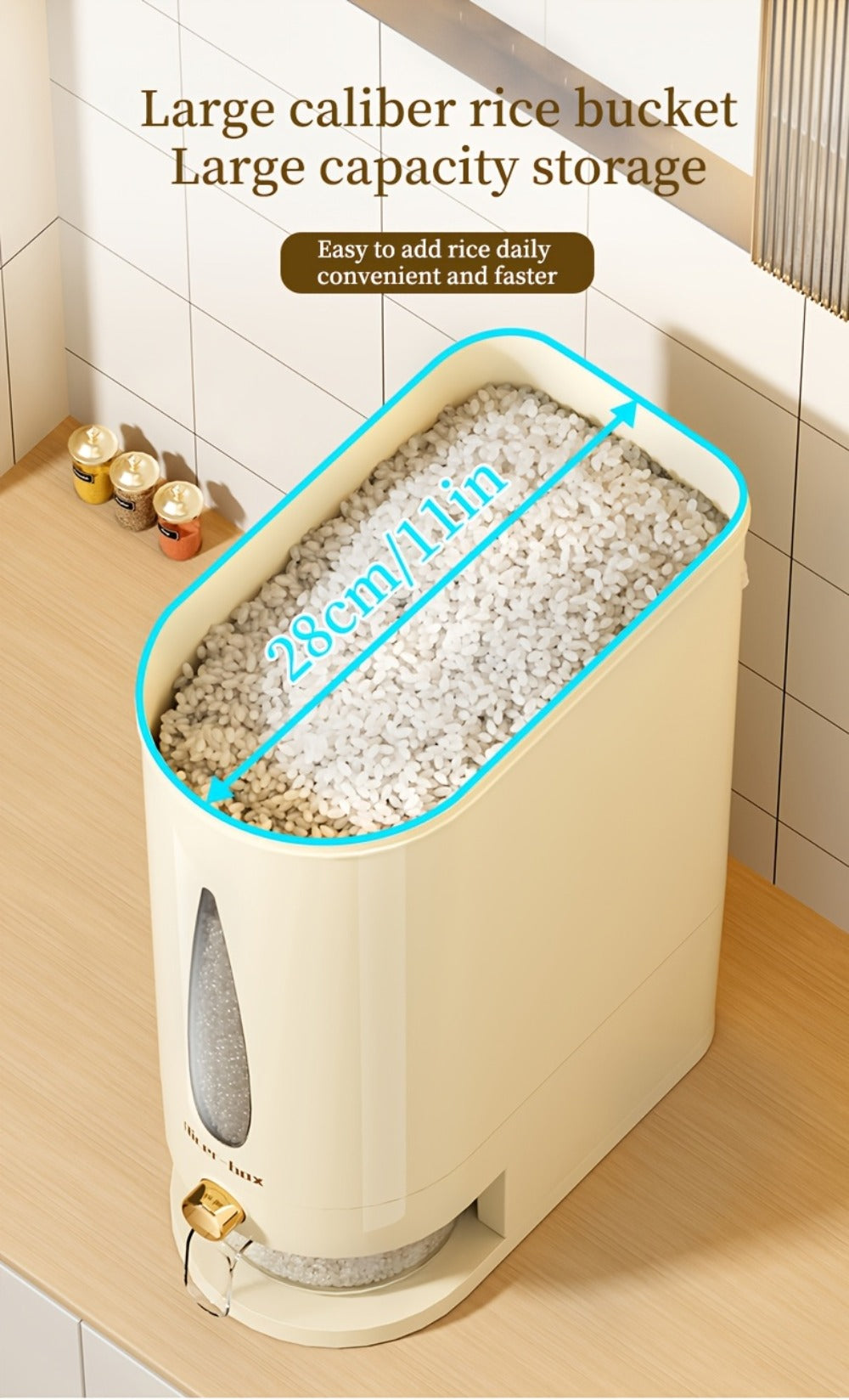 Food Storage Container Press-Button Rice Dispenser with Measuring Cup and 11lb or 22lb Capacity Options