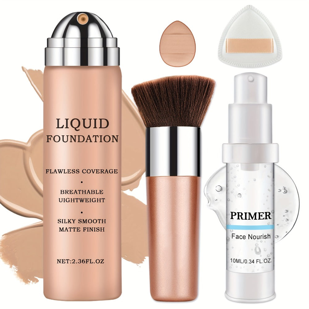 Three-Piece Spray Foundation, Face Primer and Brush Set with 70ml/40ml Bottles in Three Shades