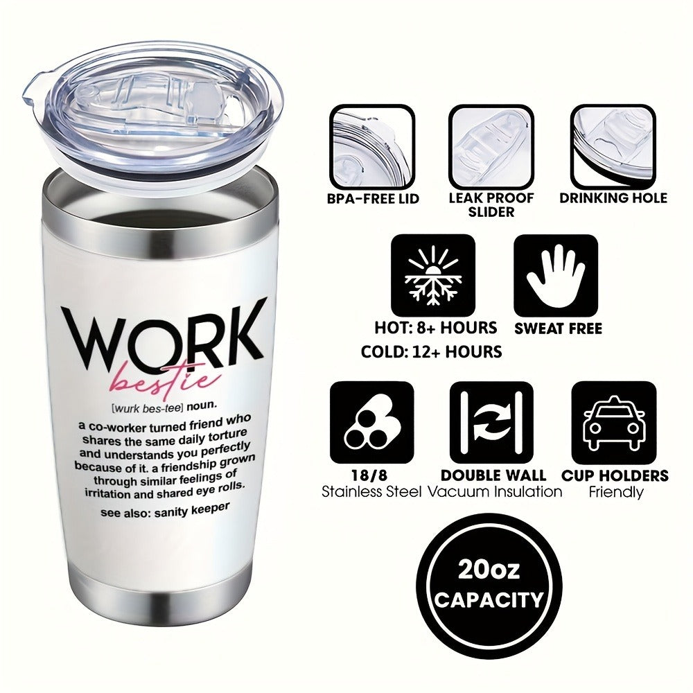 Insulated Tumbler 20oz Work Bestie Graphic in White 304 Stainless Steel with Lid and Straw