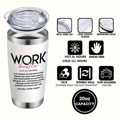 Insulated Tumbler 20oz Work Bestie Graphic in White 304 Stainless Steel with Lid and Straw