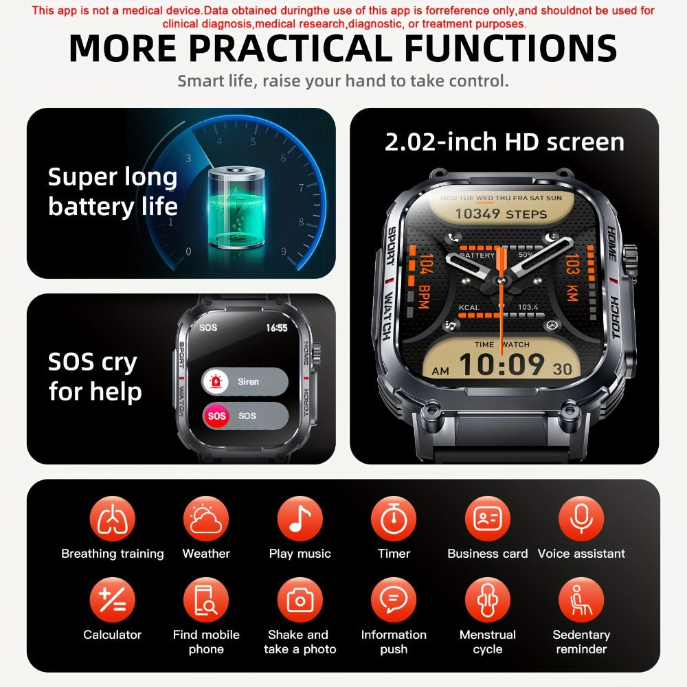 Waterproof Smartwatch with 100+ Sport Modes & LED Flashlight – 2.02" TFT Screen Wireless Calling Sleep Tracker Fitness Activity Tracker Heart Rate Compatible with iPhone Android Gift for Men Women