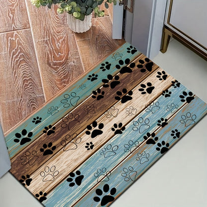 Cat Paw Print Door Mat with Blue and Brown Wood-Look Bands in Three Rectangular Entryway Sizes