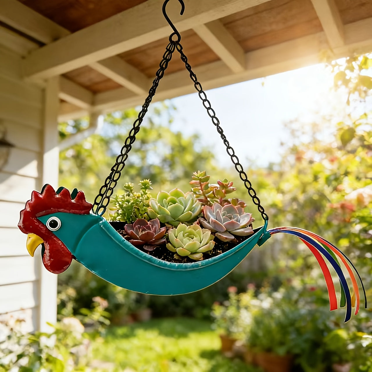 Rooster Hanging Planter – Wrought Iron Flower Pot with Chain for Succulents, Courtyard, Balcony & Eaves – Unique Gardening Gift