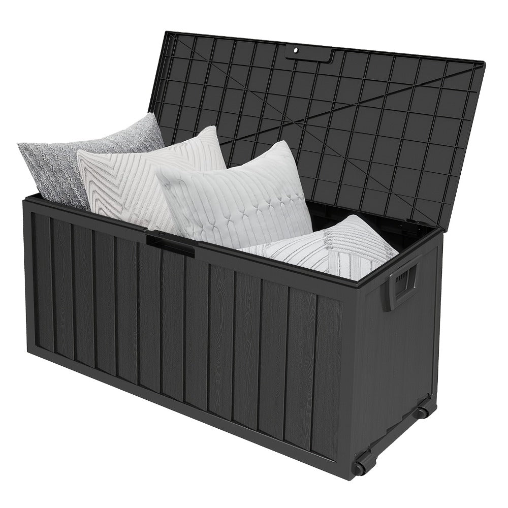 75-Gallon Outdoor Storage Box with Hinged Lid, Side Grips, Small Wheels and Three Color Options