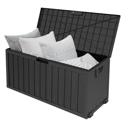 75-Gallon Outdoor Storage Box with Hinged Lid, Side Grips, Small Wheels and Three Color Options