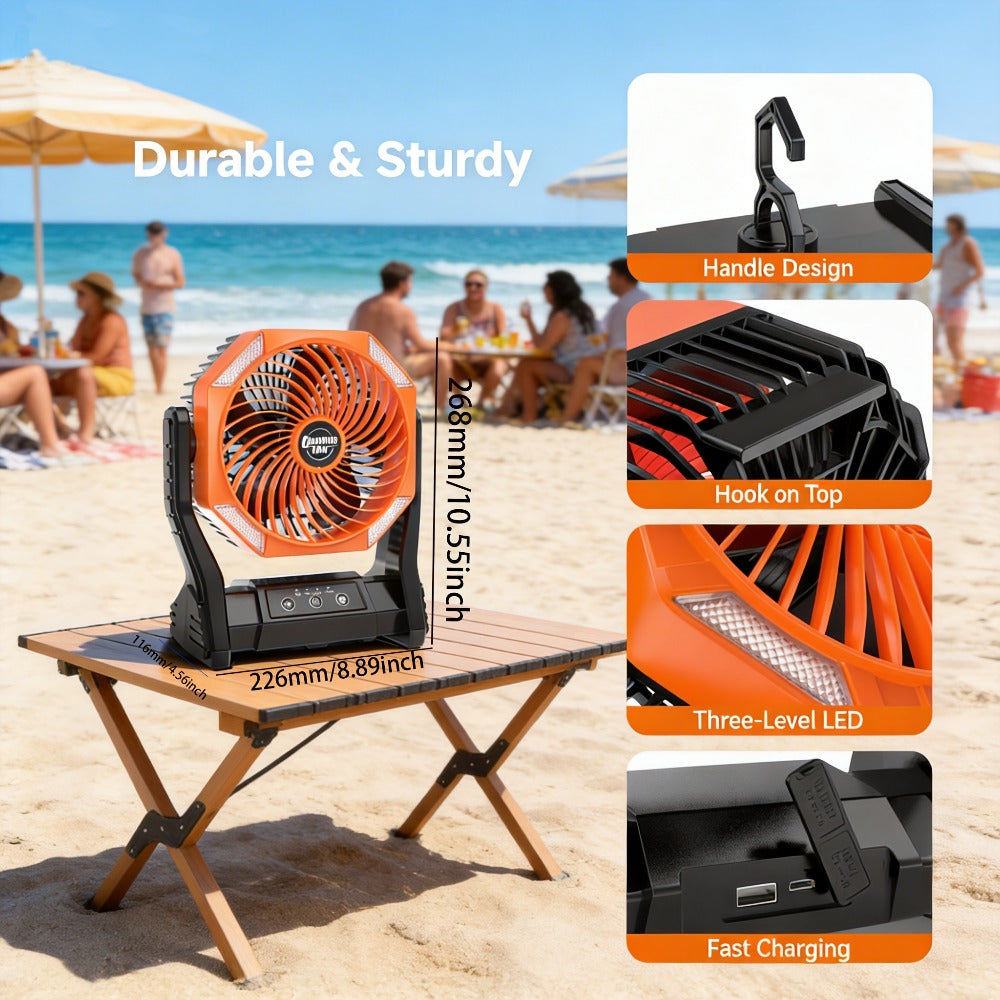 Camping Fan 20000mAh Tabletop and Hanging Fan with 4 Speeds, 3-Level LED Light and 180° Vertical Swing