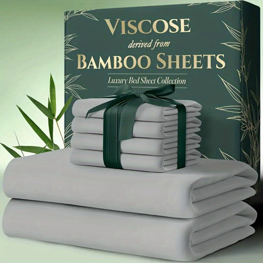 Bed Sheet Set 6-Piece Bamboo Fabric with 40–44 cm Pocket, Double-Stitched Edges and Seven Colors
