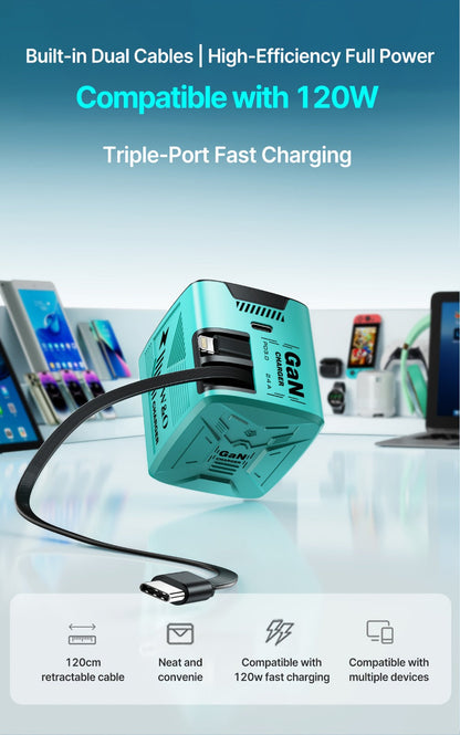 Dual Cable GaN Charger 120W with Built-In 47in Type-C & Lightning Retractable Cables, Foldable Plug – Tangle-Free Fast Charging USB-C Wall Adapter for iPhone 16 15 14 Pro Max, Samsung Galaxy S25 S24