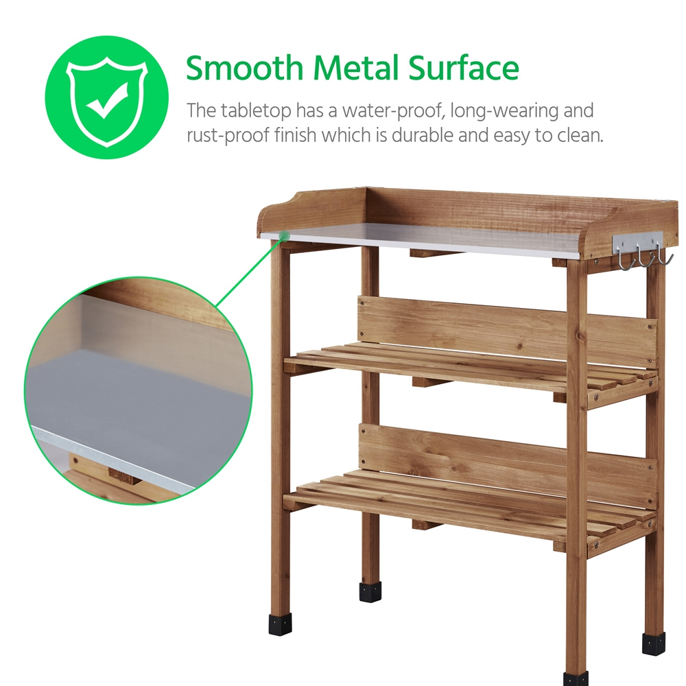 Rolling Potting Bench 3-Tier Wooden Garden Workstation Waist-High Galvanized Metal Top Lockable Casters Side Hooks Shelves for Outdoor Patio Gardening Storage