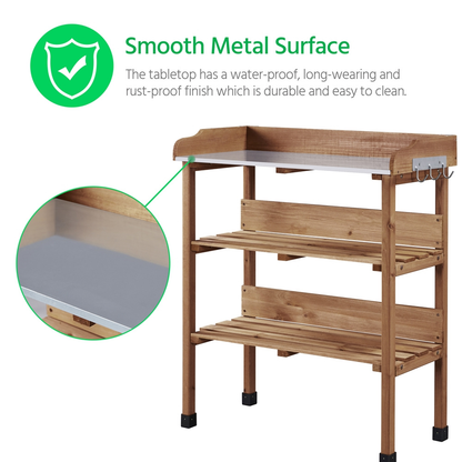 Rolling Potting Bench 3-Tier Wooden Garden Workstation Waist-High Galvanized Metal Top Lockable Casters Side Hooks Shelves for Outdoor Patio Gardening Storage