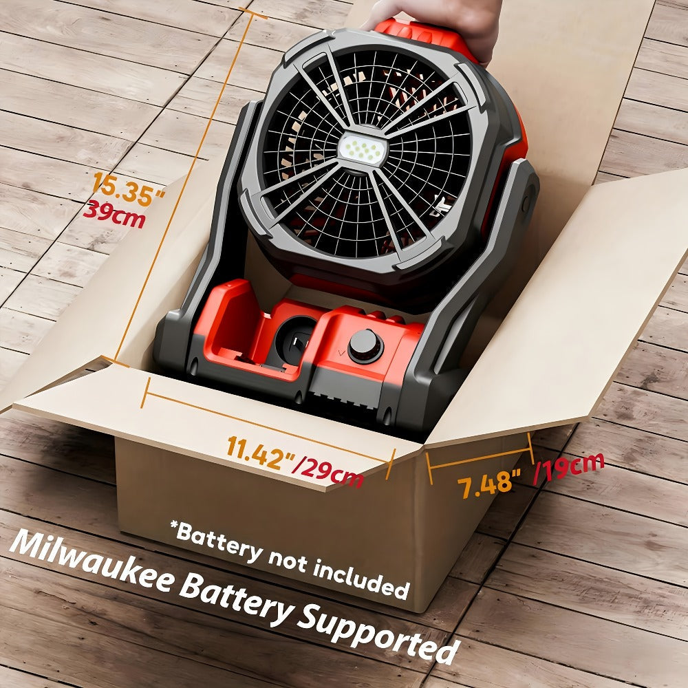 Red Cordless Work Fan for Select Milwaukee M18 Batteries with LED Light, Hanging Hook and Adjustable Tilt, Battery Not Included