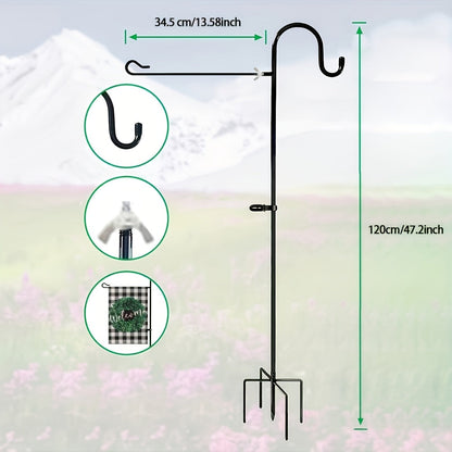 Black Garden Shepherd Hook with Curved Hanger, Four-Prong Ground Base and 36- or 48-Inch Options