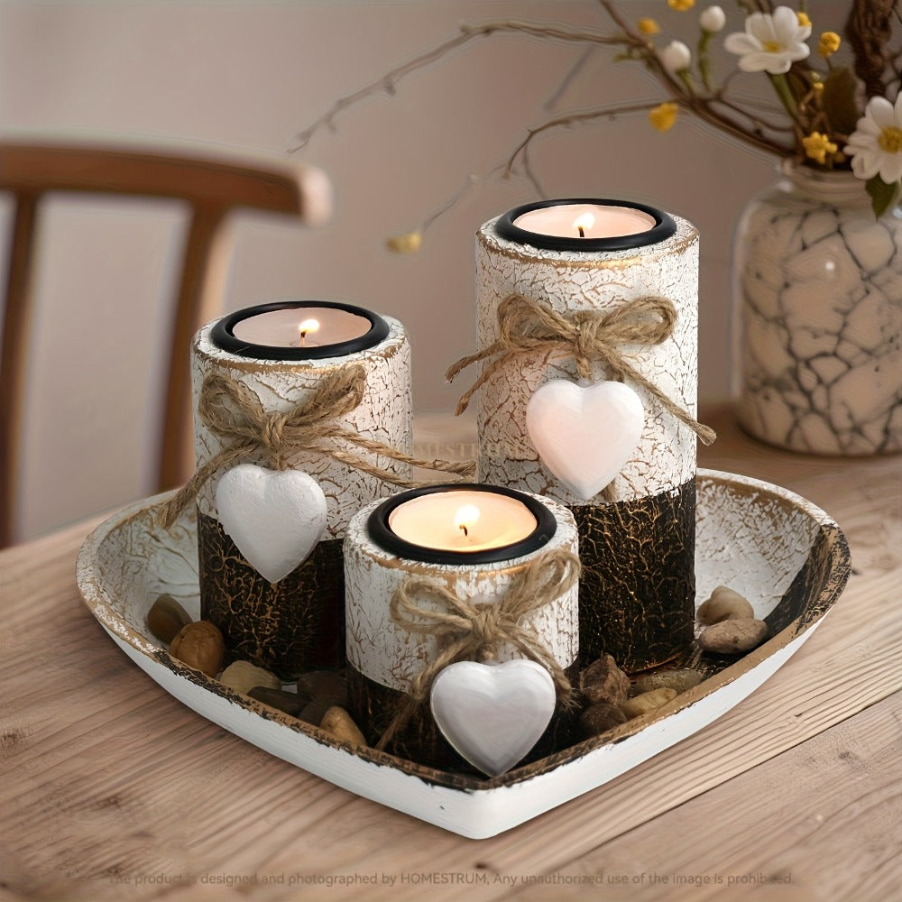 Wooden Candle Holder Set of 4 – Love Heart Tray, Tea Light Holder, Knot Bow Decoration & Decorative Stone Bowl for Home Decor, Valentine's Day, Christmas & Easter Gift