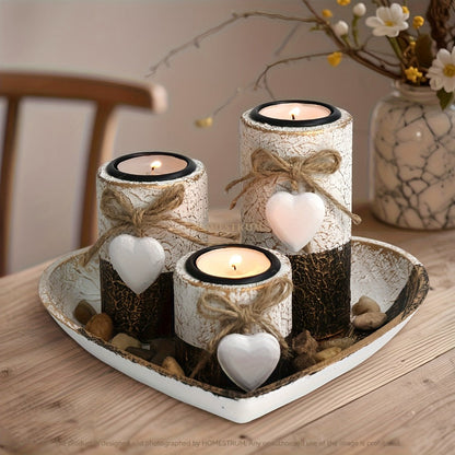 Wooden Candle Holder Set of 4 – Love Heart Tray, Tea Light Holder, Knot Bow Decoration & Decorative Stone Bowl for Home Decor, Valentine's Day, Christmas & Easter Gift