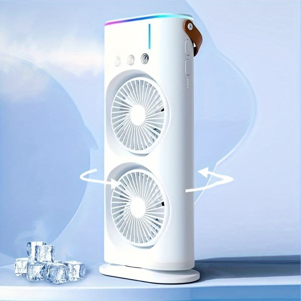 Dual-Head Misting Fan with Top-Fill Reservoir, Adjustable Heads, Spray Control and USB Rechargeable Power