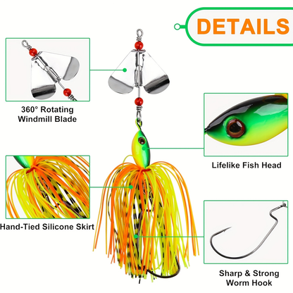 Fishing Lure Set 6-Piece Spinnerbait Buzzbaits, 3/4oz with Rotating Blades, Silicone Skirts and Single Worm Hooks
